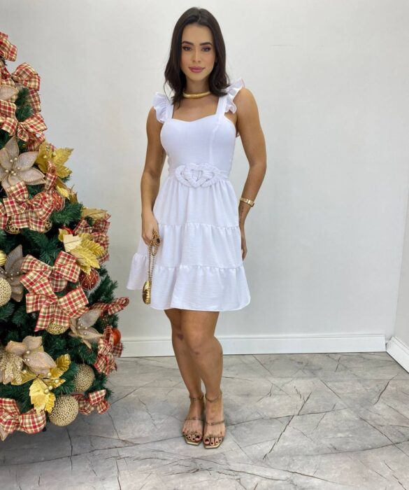 Vestido Curto Maitê com Bojo e Amarração de Coração Branco - Fernanda Ramos Store