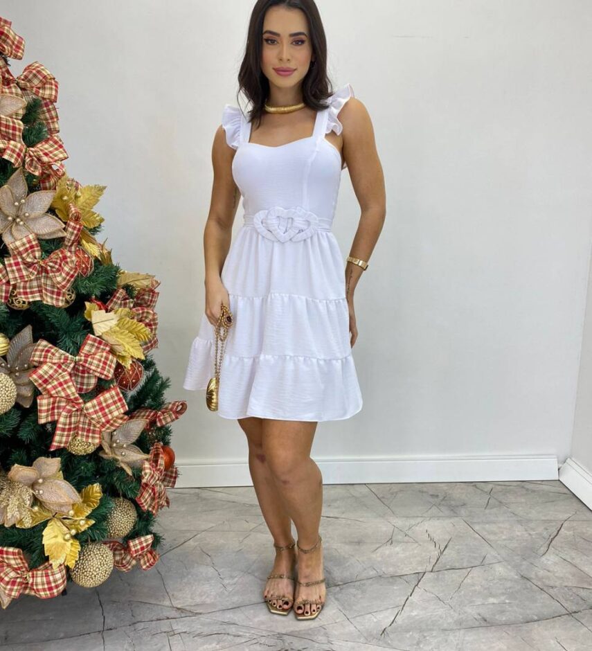 Vestido Curto Maitê com Bojo e Amarração de Coração Branco - Fernanda Ramos Store
