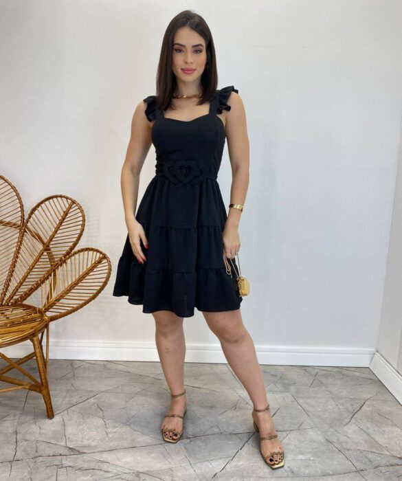 Vestido Curto Maitê com Bojo e Amarração de Coração Preto - Fernanda Ramos Store