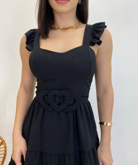 Vestido Curto Maitê com Bojo e Amarração de Coração Preto - Fernanda Ramos Store