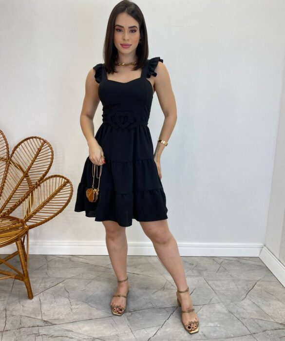 Vestido Curto Maitê com Bojo e Amarração de Coração Preto - Fernanda Ramos Store