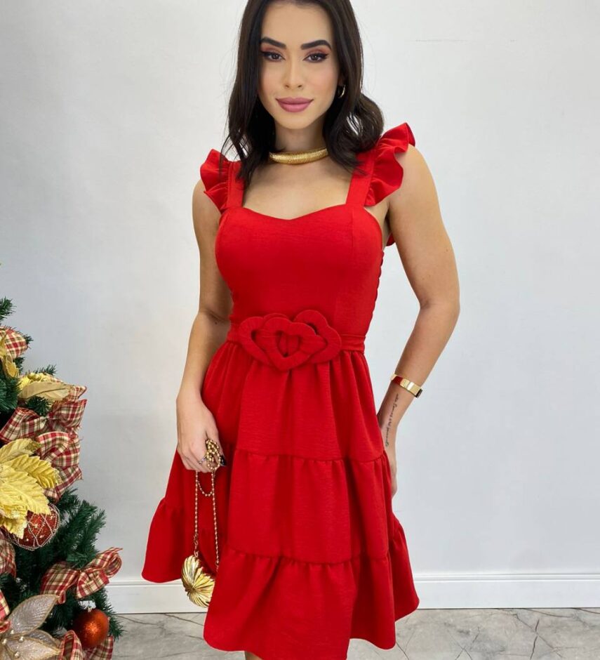 Vestido Curto Maitê com Bojo e Amarração de Coração Vermelho - Fernanda Ramos Store