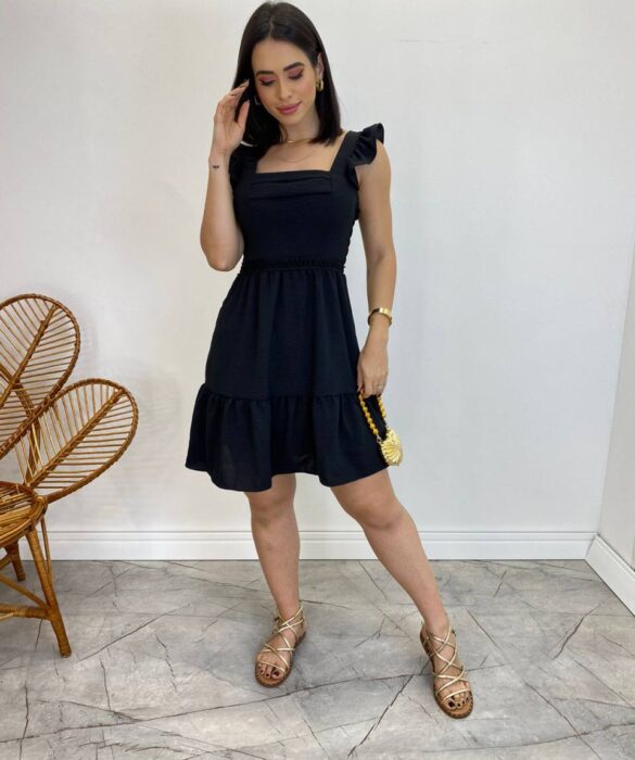 Vestido Curto Manuela com Bojo Preto Babado nas Alças - Fernanda Ramos Store