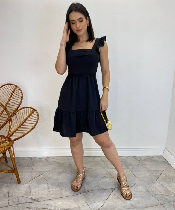 Vestido Curto Manuela com Bojo Preto Babado nas Alças - Fernanda Ramos Store