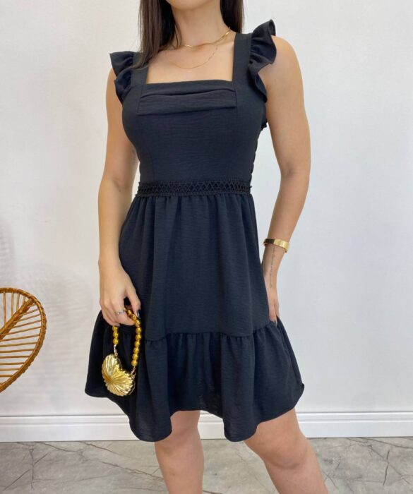 Vestido Curto Manuela com Bojo Preto Babado nas Alças - Fernanda Ramos Store