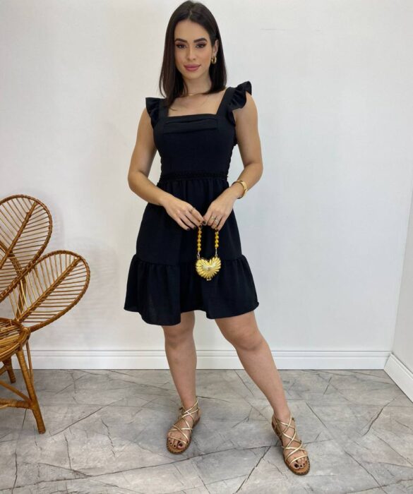 Vestido Curto Manuela com Bojo Preto Babado nas Alças - Fernanda Ramos Store