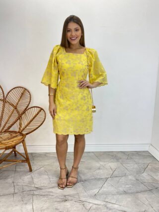 Vestido Curto sem Bojo Amarelo com Amarração Atrás Bordado Floral - Fernanda Ramos Store