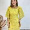 Vestido Curto sem Bojo Amarelo com Amarração Atrás Bordado Floral - Fernanda Ramos Store