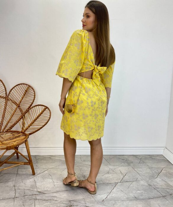 Vestido Curto sem Bojo Amarelo com Amarração Atrás Bordado Floral - Fernanda Ramos Store