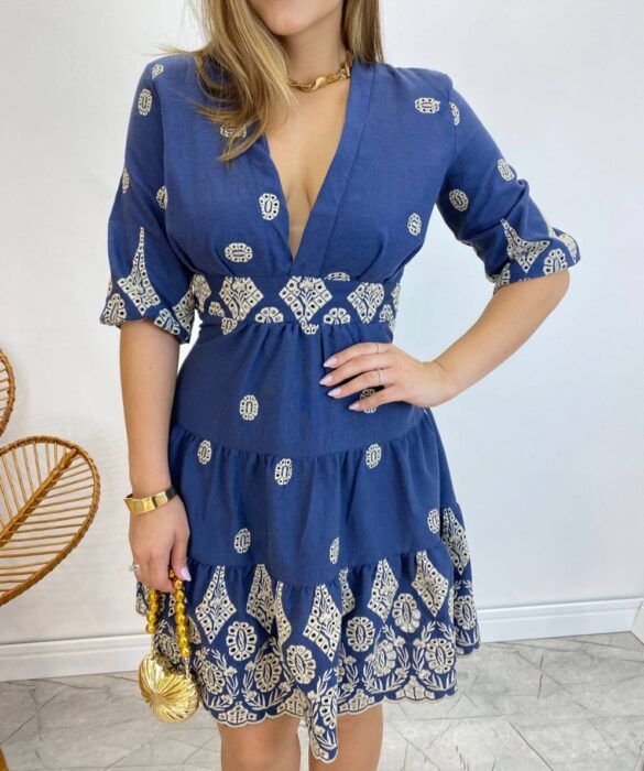 Vestido Curto sem Bojo Azul Marinho Bordado com Amarração Atrás - Fernanda Ramos Store