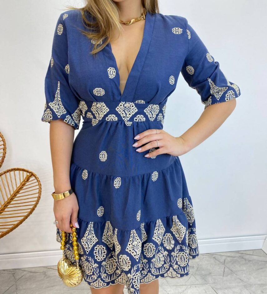 Vestido Curto sem Bojo Azul Marinho Bordado com Amarração Atrás - Fernanda Ramos Store