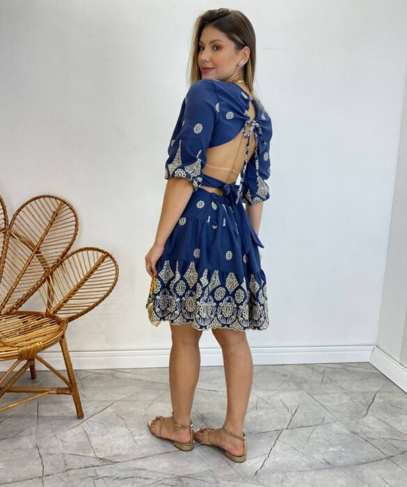 Vestido Curto sem Bojo Azul Marinho Bordado com Amarração Atrás - Fernanda Ramos Store