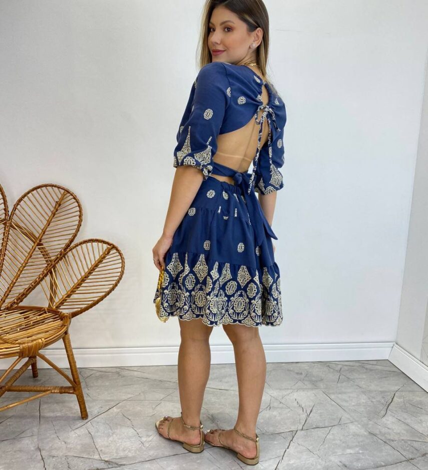 Vestido Curto sem Bojo Azul Marinho Bordado com Amarração Atrás - Fernanda Ramos Store