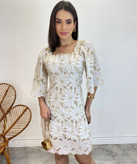 Vestido Curto sem Bojo Off White com Amarração Atrás Bordado Floral - Fernanda Ramos Store