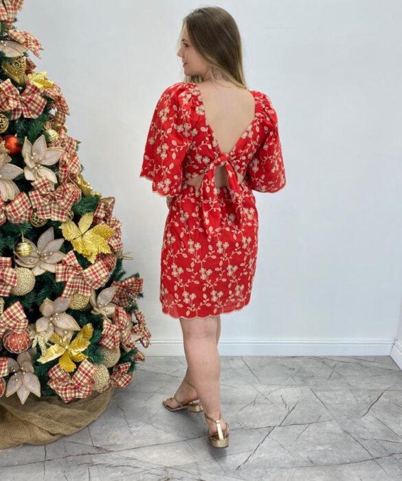 Vestido Curto sem Bojo Vermelho com Amarração Atrás Bordado Floral - Fernanda Ramos Store