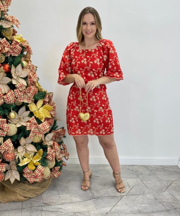 Vestido Curto sem Bojo Vermelho com Amarração Atrás Bordado Floral - Fernanda Ramos Store