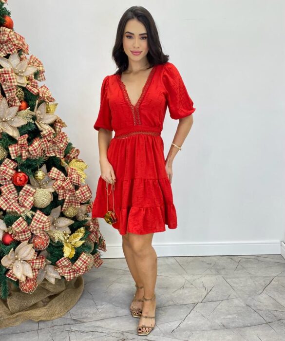 Vestido Curto sem Bojo Vermelho com Detalhe Decote em V - Fernanda Ramos Store