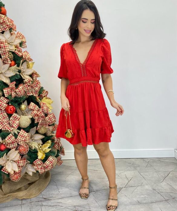 Vestido Curto sem Bojo Vermelho com Detalhe Decote em V - Fernanda Ramos Store