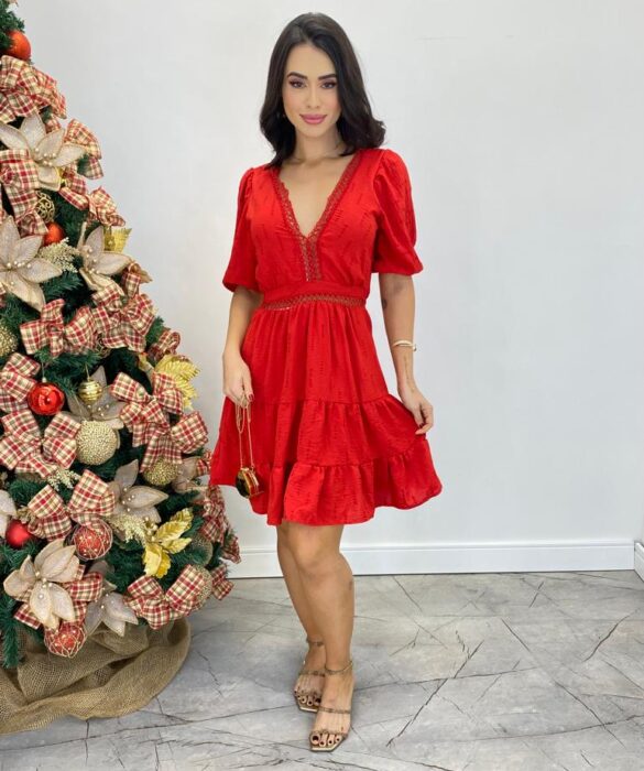 Vestido Curto sem Bojo Vermelho com Detalhe Decote em V - Fernanda Ramos Store