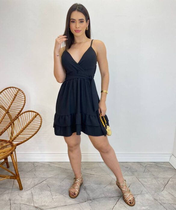 Vestido Curto Sofia Alça Regulável com Bojo e Amarração Preto - Fernanda Ramos Store