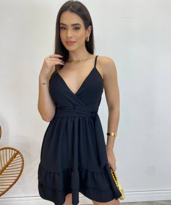 Vestido Curto Sofia Alça Regulável com Bojo e Amarração Preto - Fernanda Ramos Store