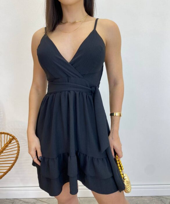 Vestido Curto Sofia Alça Regulável com Bojo e Amarração Preto - Fernanda Ramos Store