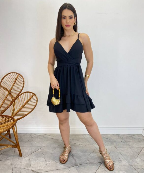 Vestido Curto Sofia Alça Regulável com Bojo e Amarração Preto - Fernanda Ramos Store