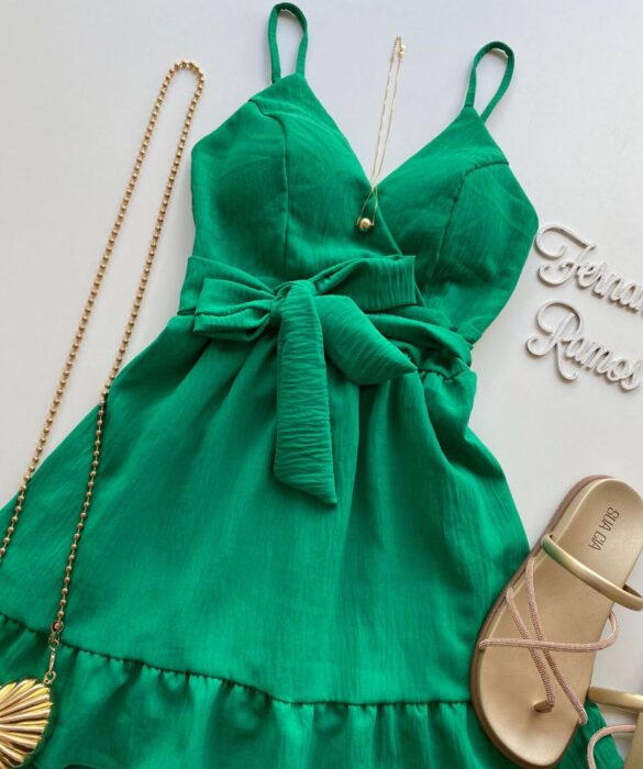 Vestido Curto Sofia Alça Regulável com Bojo e Amarração Verde - Fernanda Ramos Store