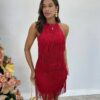 Vestido Feminino Curto com Bojo Detalhe de Franjas Marsala - Fernanda Ramos Store