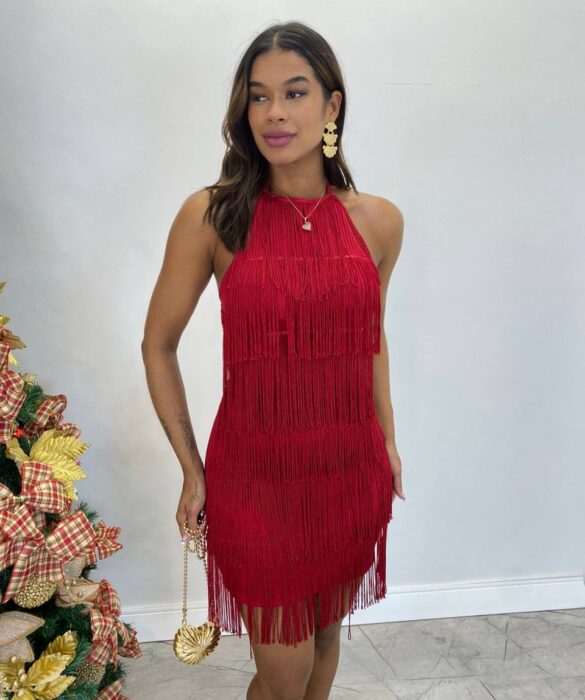 Vestido Feminino Curto com Bojo Detalhe de Franjas Marsala - Fernanda Ramos Store