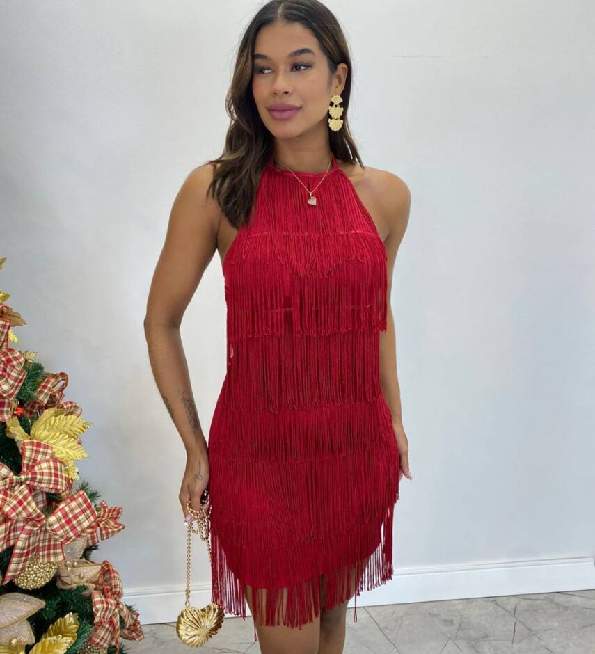 Vestido Feminino Curto com Bojo Detalhe de Franjas Marsala - Fernanda Ramos Store