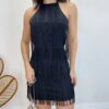 Vestido Feminino Curto com Bojo Detalhe de Franjas Preto - Fernanda Ramos Store