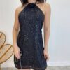 Vestido Feminino Curto de Paetê sem Bojo com Detalhe em Flor Preto - Fernanda Ramos Store