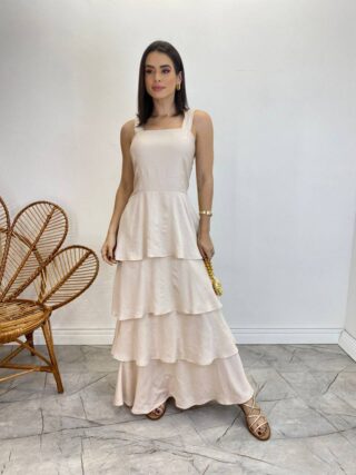 Vestido Feminino Longo Bianca em Camadas sem Bojo Nude - Fernanda Ramos Store