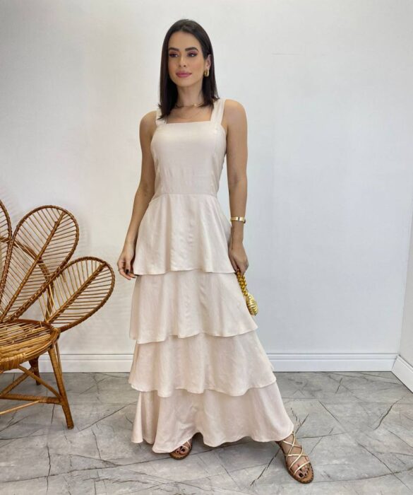 Vestido Feminino Longo Bianca em Camadas sem Bojo Nude - Fernanda Ramos Store