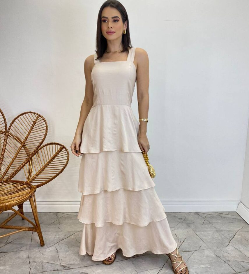Vestido Feminino Longo Bianca em Camadas sem Bojo Nude - Fernanda Ramos Store