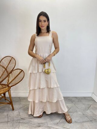 Vestido Feminino Longo Bianca em Camadas sem Bojo Nude - Fernanda Ramos Store