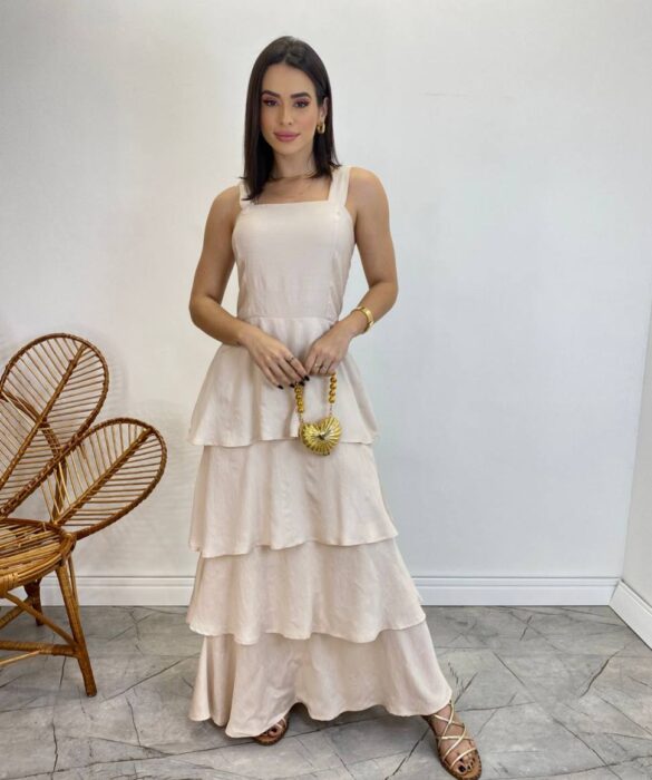 Vestido Feminino Longo Bianca em Camadas sem Bojo Nude - Fernanda Ramos Store