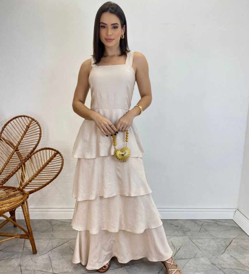 Vestido Feminino Longo Bianca em Camadas sem Bojo Nude - Fernanda Ramos Store