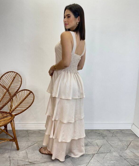 Vestido Feminino Longo Bianca em Camadas sem Bojo Nude - Fernanda Ramos Store