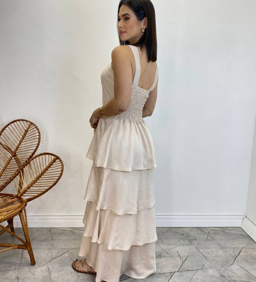 Vestido Feminino Longo Bianca em Camadas sem Bojo Nude - Fernanda Ramos Store