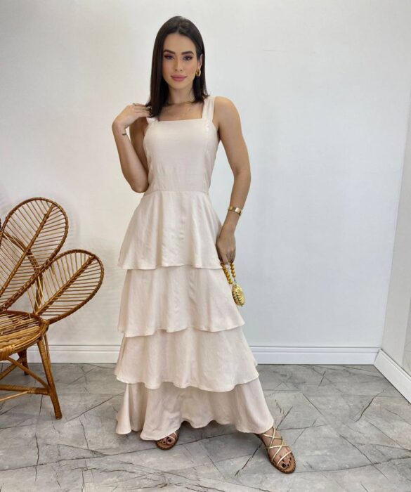 Vestido Feminino Longo Bianca em Camadas sem Bojo Nude - Fernanda Ramos Store