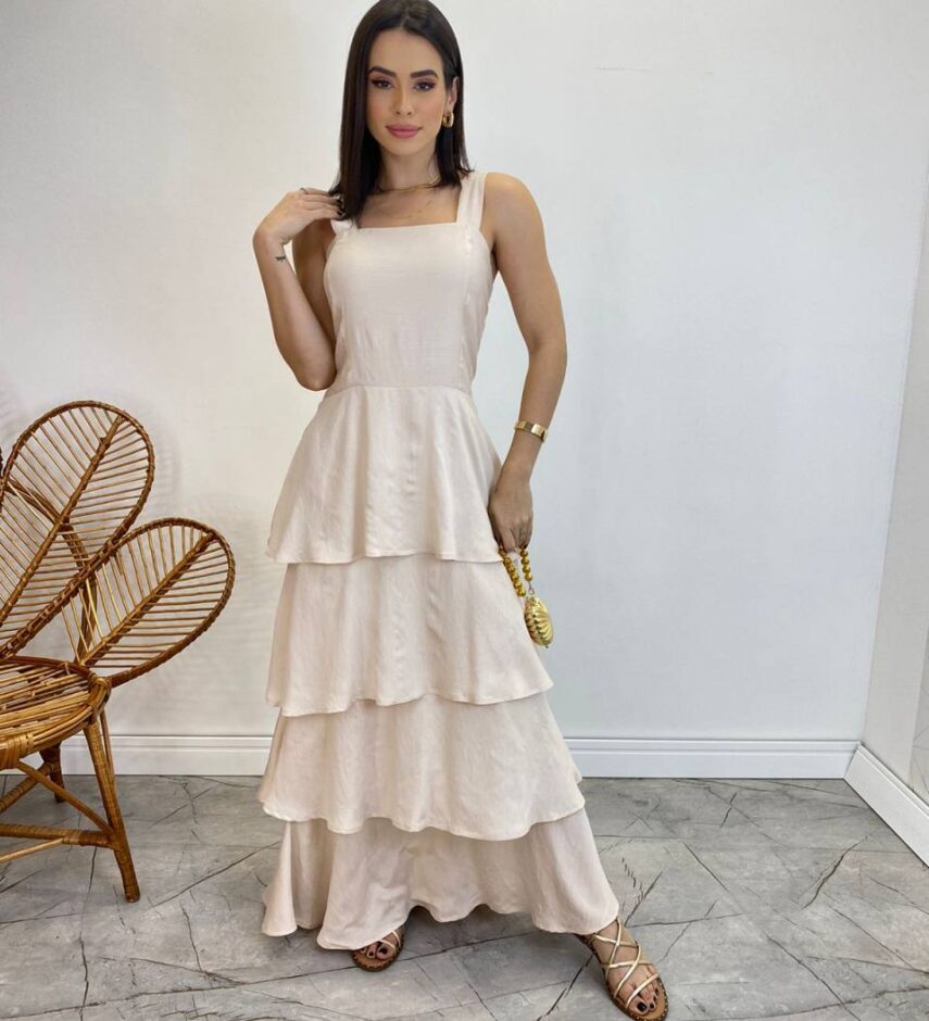 Vestido Feminino Longo Bianca em Camadas sem Bojo Nude - Fernanda Ramos Store