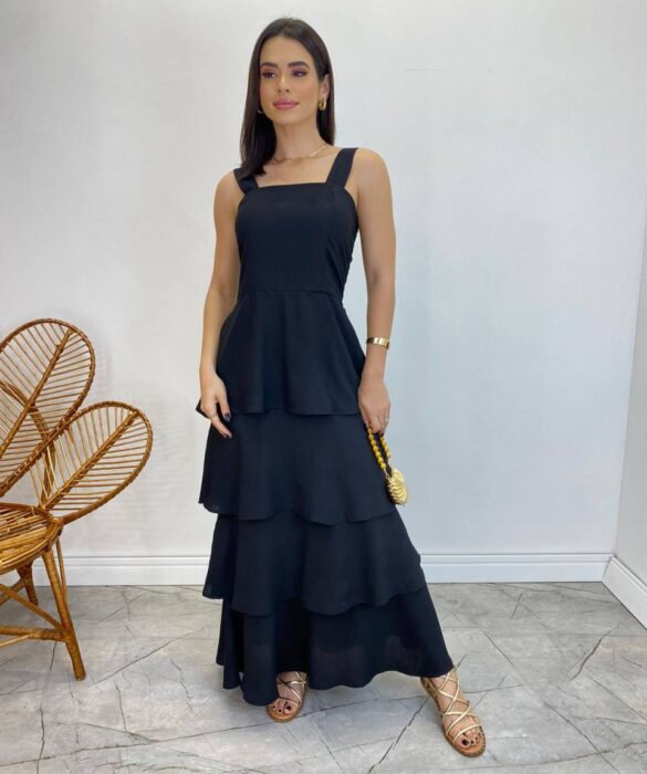 Vestido Feminino Longo Bianca em Camadas sem Bojo Preto - Fernanda Ramos Store