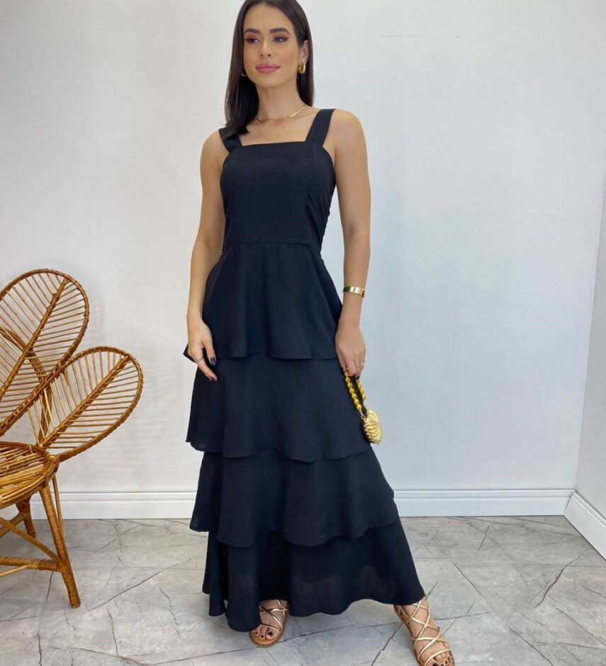 Vestido Feminino Longo Bianca em Camadas sem Bojo Preto - Fernanda Ramos Store