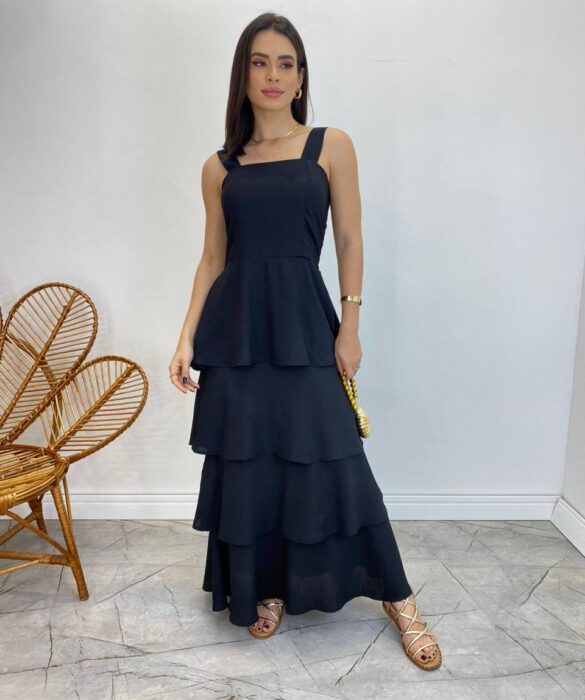 Vestido Feminino Longo Bianca em Camadas sem Bojo Preto - Fernanda Ramos Store