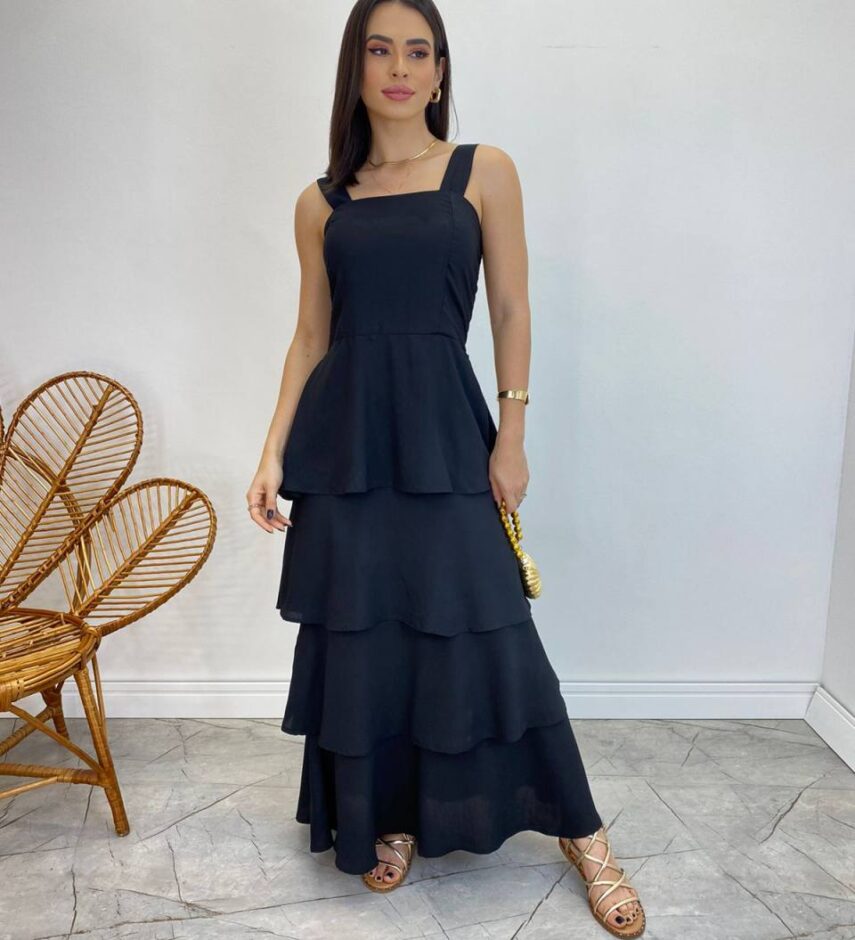 Vestido Feminino Longo Bianca em Camadas sem Bojo Preto - Fernanda Ramos Store