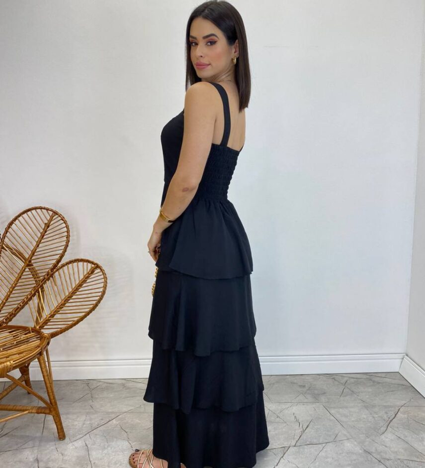 Vestido Feminino Longo Bianca em Camadas sem Bojo Preto - Fernanda Ramos Store