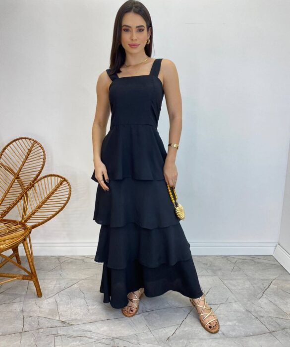 Vestido Feminino Longo Bianca em Camadas sem Bojo Preto - Fernanda Ramos Store