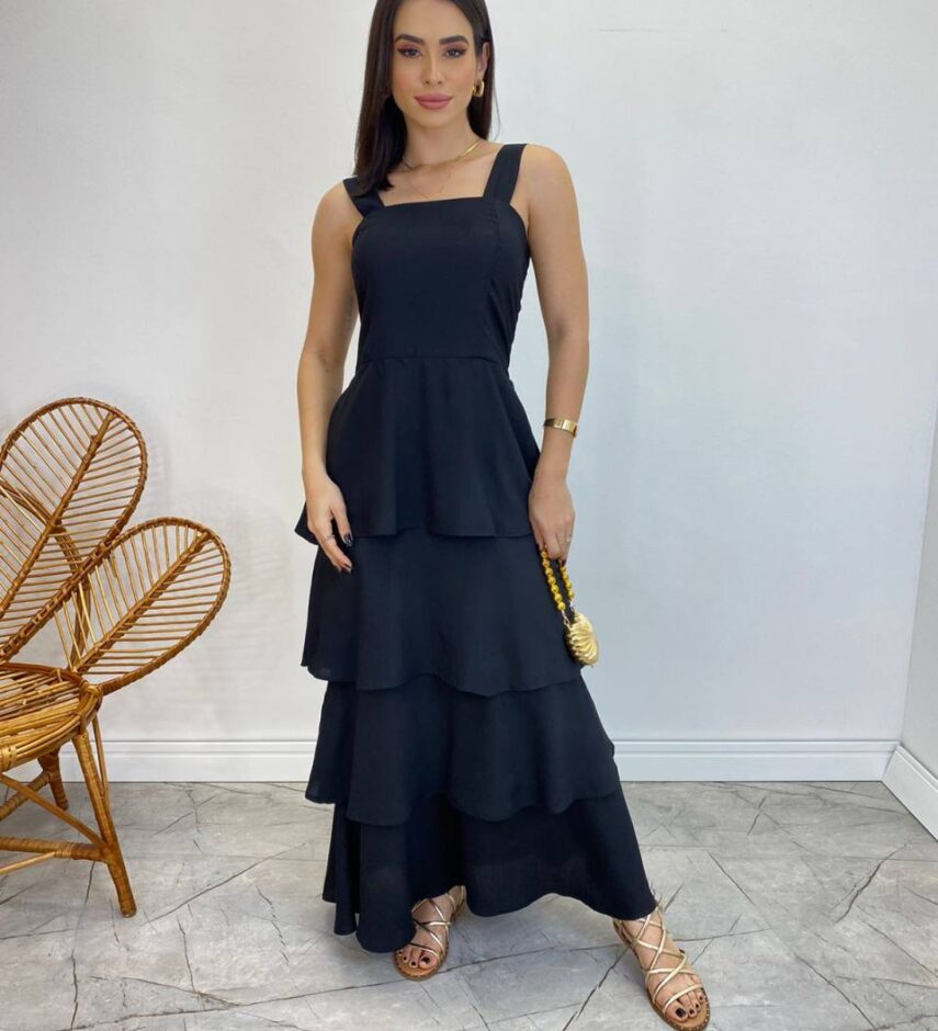 Vestido Feminino Longo Bianca em Camadas sem Bojo Preto - Fernanda Ramos Store